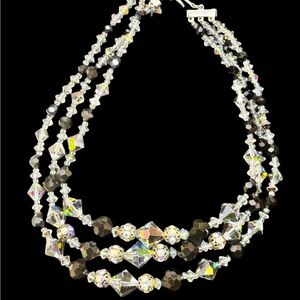 Vintage 1960s Triple Strand Austrian Crystal  and Black Beaded Necklace